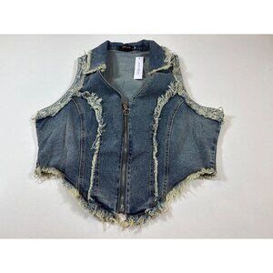 Good Time USA 1XL womens Distressed Denim Vest Frayed Hem Metal Detail (KK281)